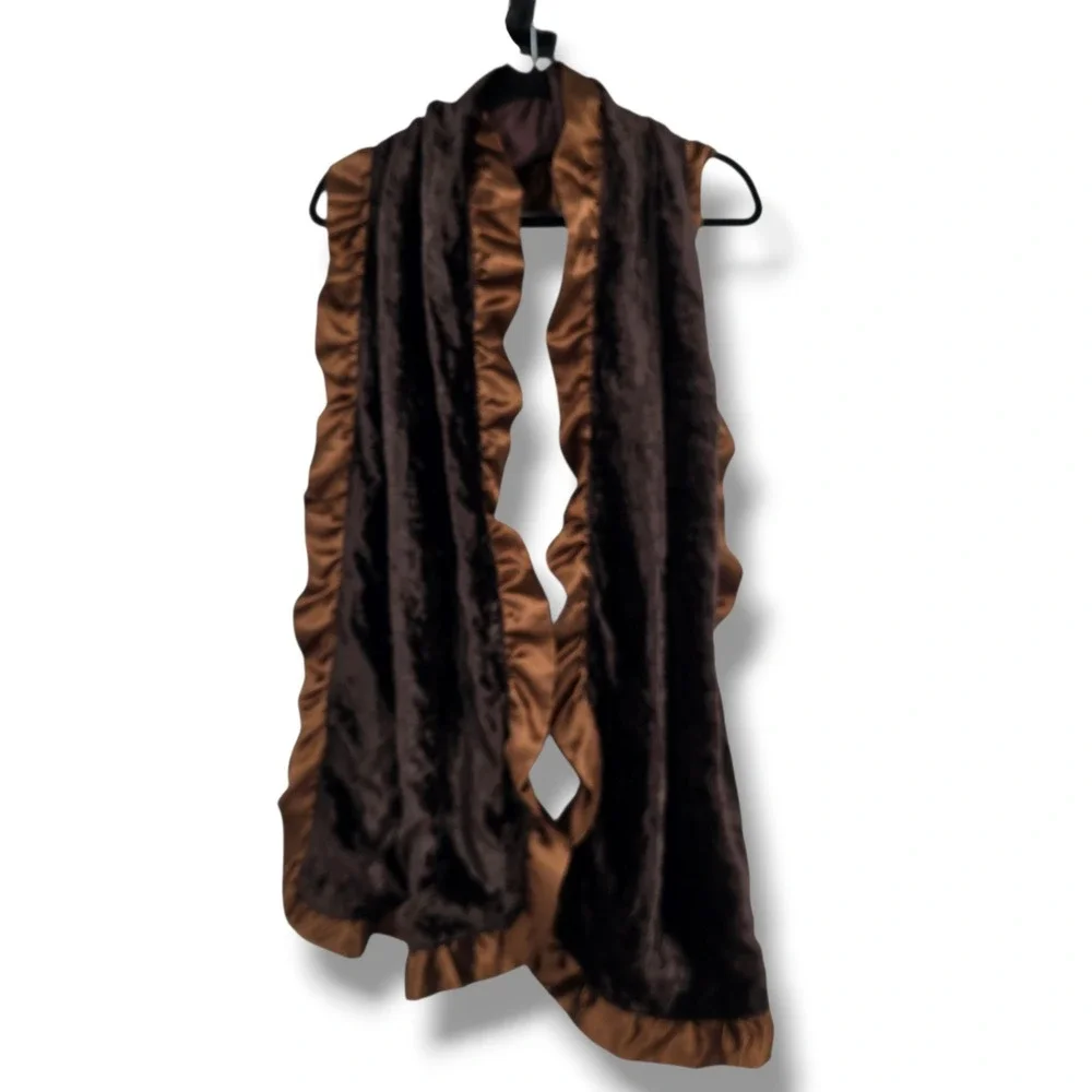 Brown Faux Fur Ruffle Scarf Damask Jacquard‎ Reverse Evening Wrap Stole